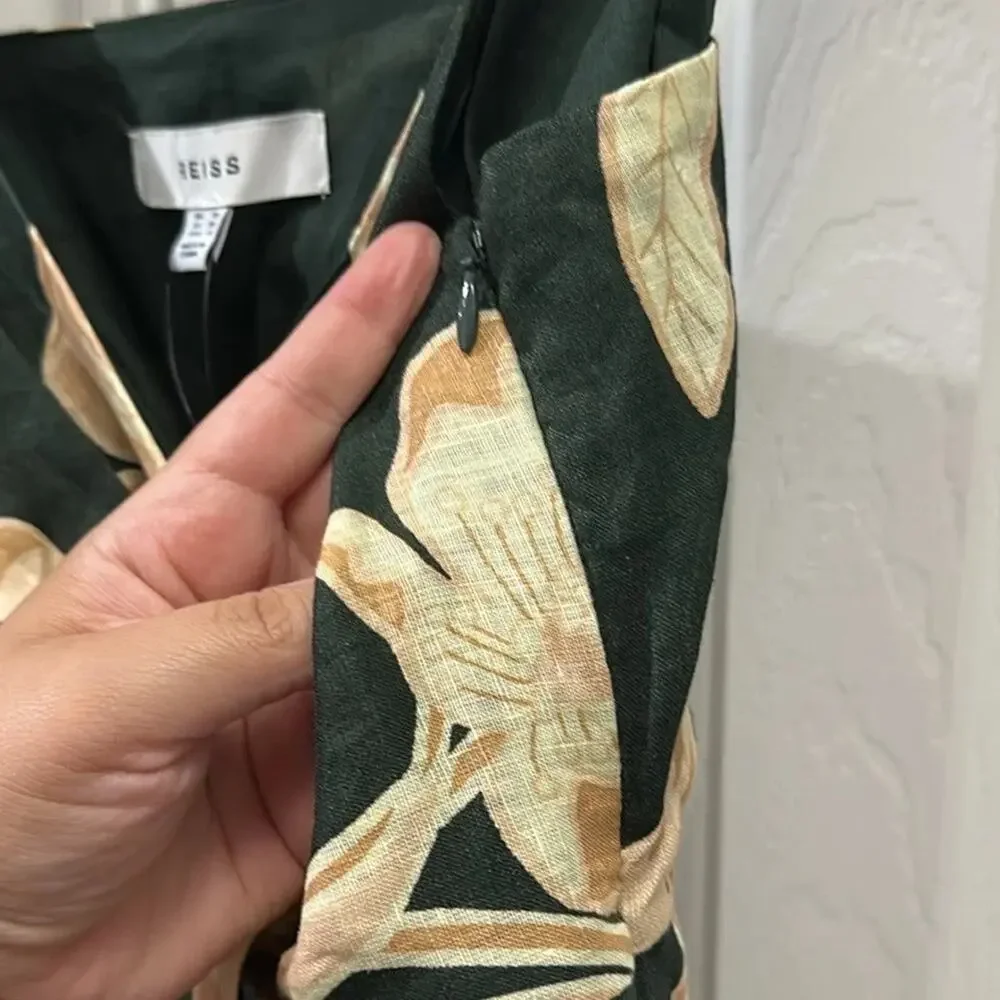 Reiss Alice Fitted Green Floral Linen Chain Strap Midi Dress Size 4 Wrap New - Picture 8 of 16